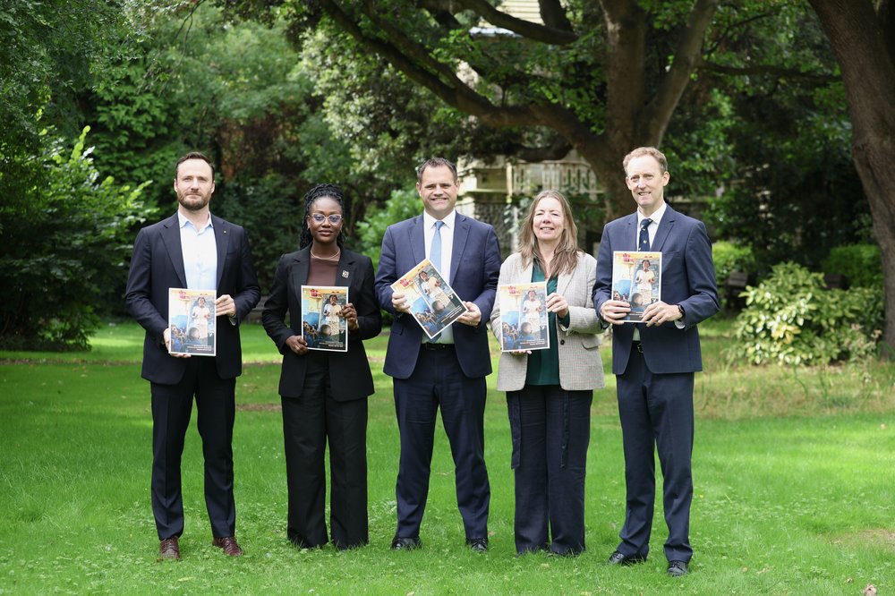 (L-R) Olivier Vandecasteele, Georgina Coker, Minister Neale Richmond, Nellie Kingston, Barry Andrews MEP at the launch of the 2025 Irish Aid Annual Report in Iveagh House.