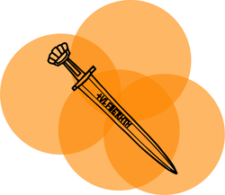 An icon of a sword on an orange background