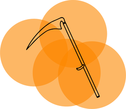 An icon of a scythe on an orange background