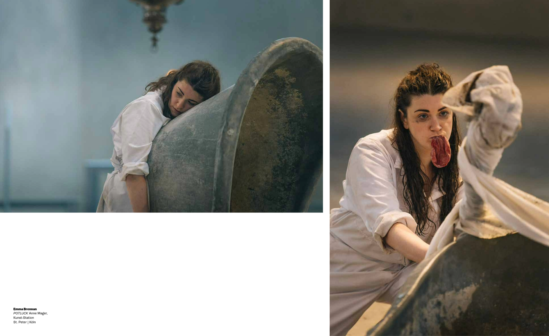 Two photos of the same sad woman, one leaning over a large bell and one looking down the camera with a uninflated balloon hanging out of her mouth