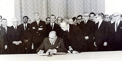 Minister Frank Aiken signing the Non-Proliferation Treaty (NPT) in Moscow, July 1968.