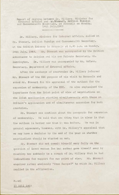 1969 report of meeting between Dr Hillery and Mr Stewert.