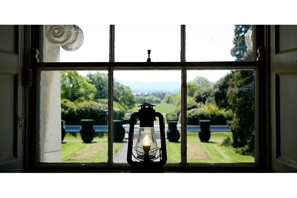 Image of a lantern on a window from President Higgins home