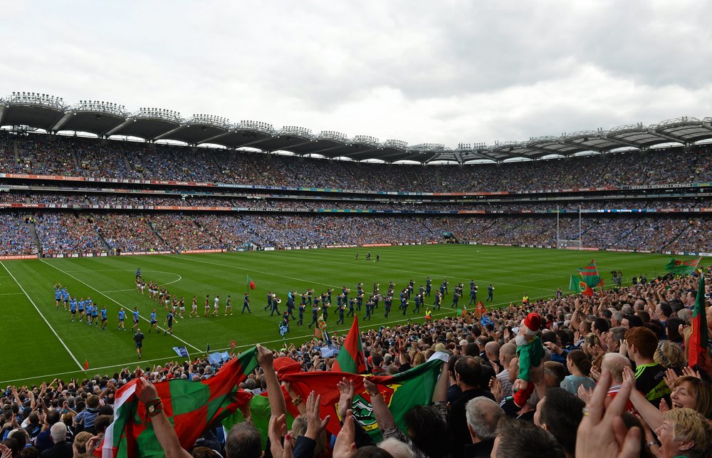 Players lining up on the pitch for the start of the Dublin v Mayo football final