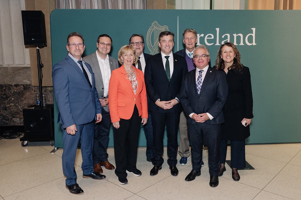 from left: Bloc Québécois Party Leader Yves-François Blanchet, MP Irek Kusmierczyk, MP Judy Sgro, MP James Maloney, Ambassador John Concannon, the Honourable John McKay, MP Francesco Sorbara, MP Julie Dzerowicz