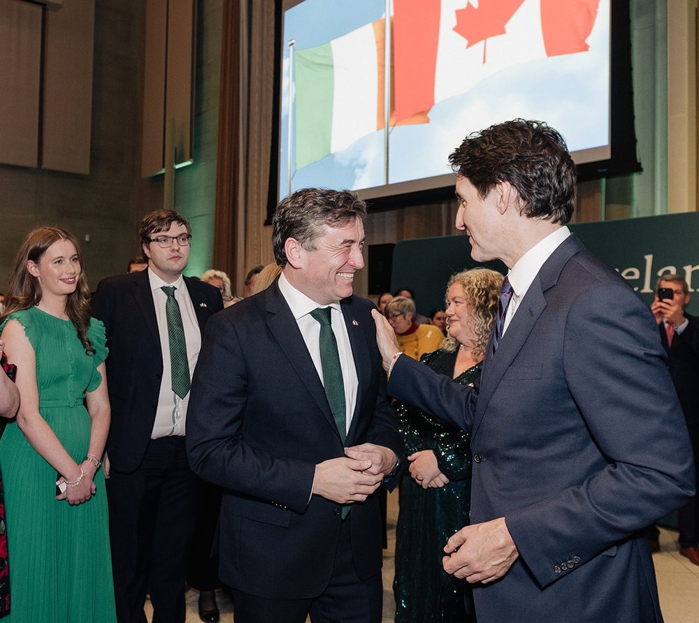 Left: Second Secretary Elisabeth O'Higgins, acting Deputy Head of Mission Peadar Ó'Lamhna, Irish Ambassador John Concannon, Prime Minister Justin Trudeau