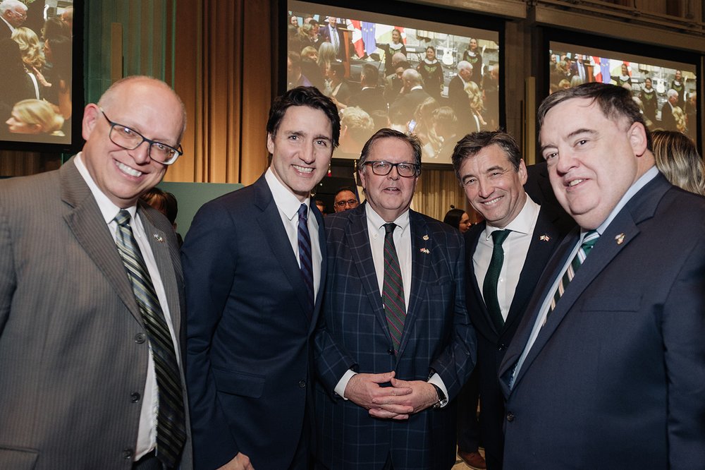 from left: MP Stéphane Bergeron, Prime Minister Justin Trudeau, MP James Maloney, Irish Ambassador John Concannon, Honorary Consul of Ireland to Quebec Bryan O'Gallagher