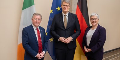 Two men and one woman stand side by side in front of large Irish, European and German flags.