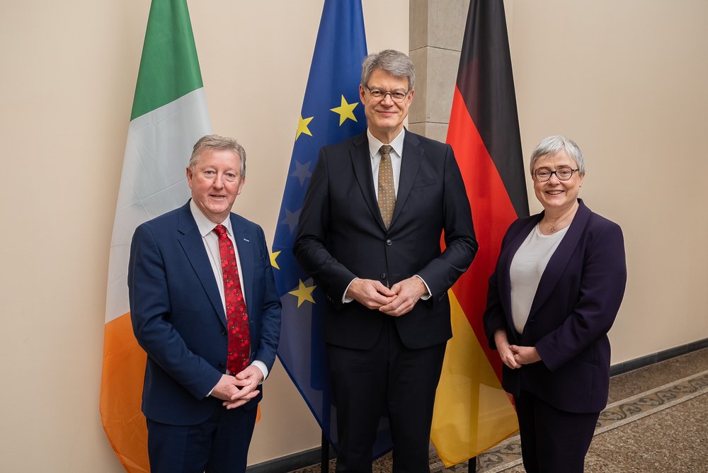 Two men and one woman stand side by side in front of large Irish, European and German flags.