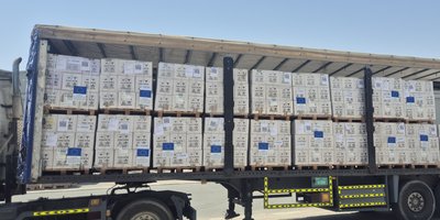 Ebola relief packages arriving by truck in the Democratic Republic of Congo.