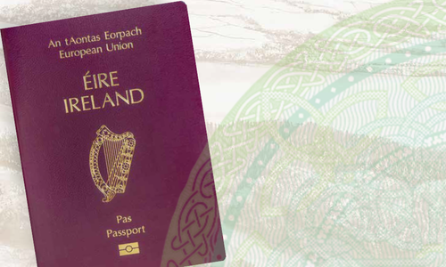 Graphic of 2026 Irish passport in front of Celtic designs