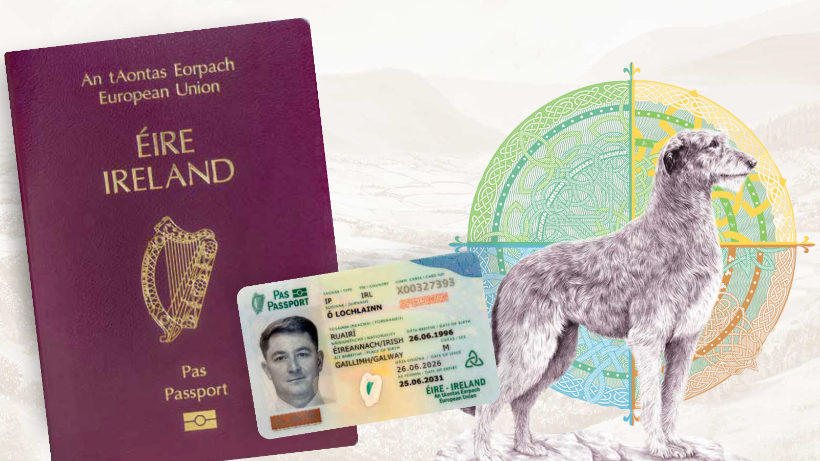 A graphic of The 2026 Irish passport, passport card and an Irish greyhound
