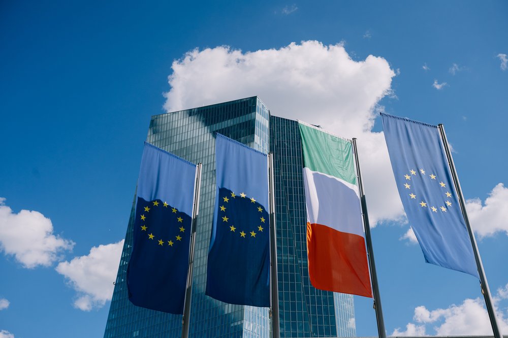 EU flags and Irish flag flying in front of ECB building