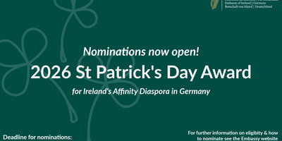 Digital poster with dark green background and light green dainty shamrock outline. White text.