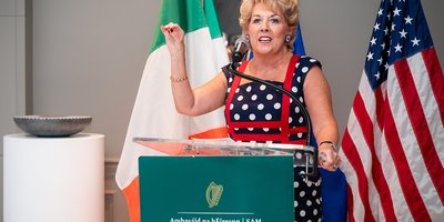 Ambassador Byrne Nason speaking at reception celebrating Irish America 250