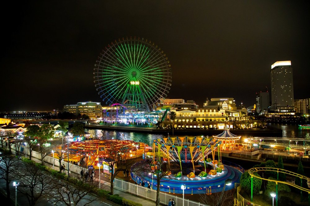 Green fireworks over Tokyo skyline