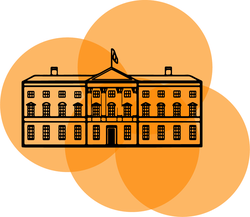 An icon of a government building on an orange background