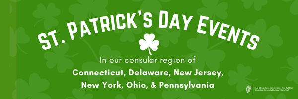 Banner on lime green background with shamrocks reading "St. Patrick's Day Events"