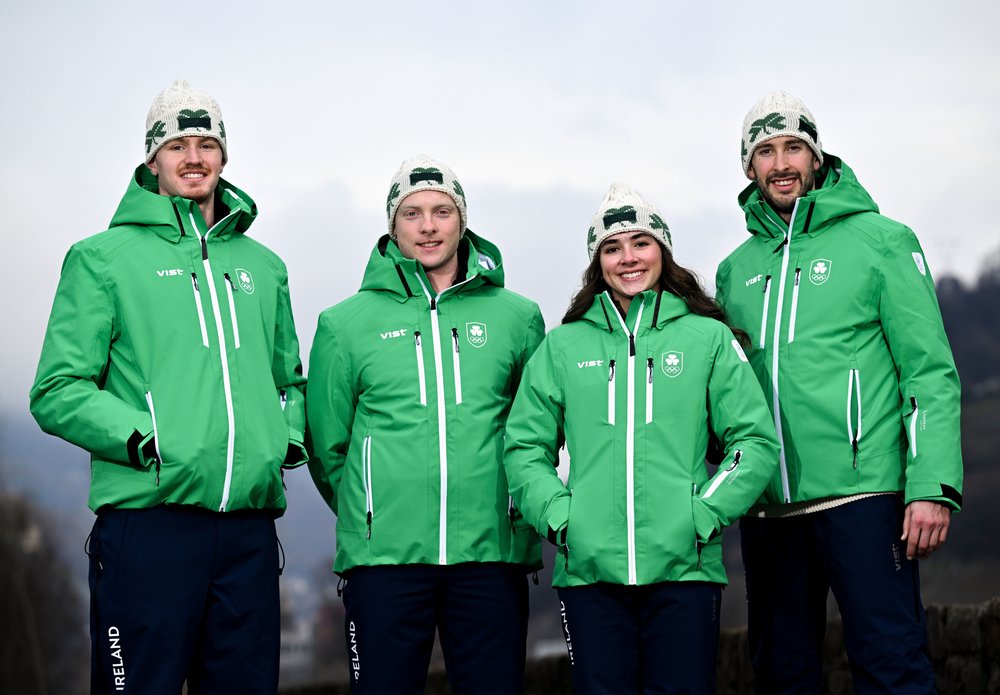 Team Ireland's four athletes wearing their green uniform at the Winter Olympics 2026