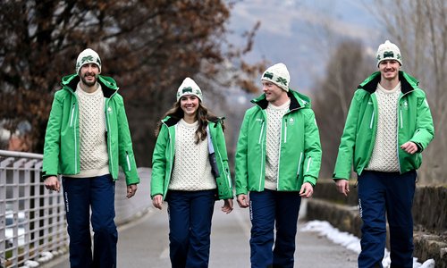 Irish athletes at the winter Olympics walking in the snow
