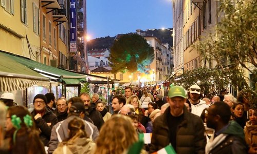street scene for St Patrick's Day parade in France