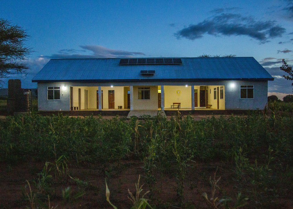 Solar powered health clinic by night.