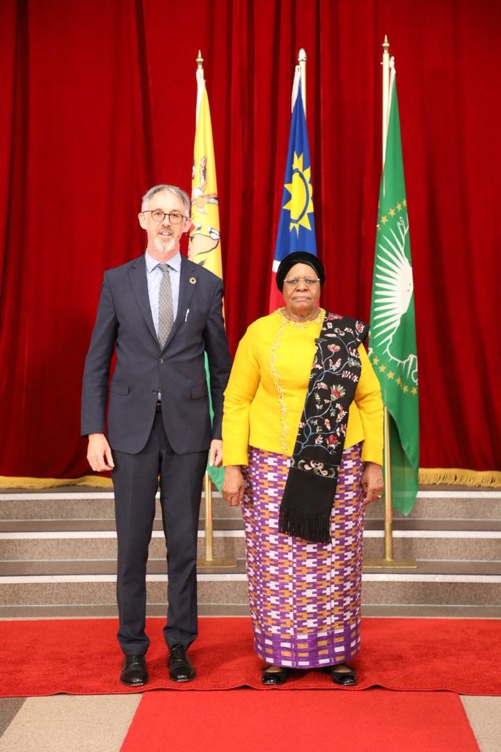 Ambassador Aidan Fitzpatrick presents his credentials to H.E. Dr Netumbo Nandi-Ndaitwah, President of the Republic of Namibia, at State House