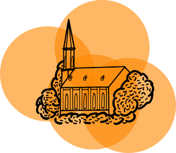 An icon of a church on an orange background