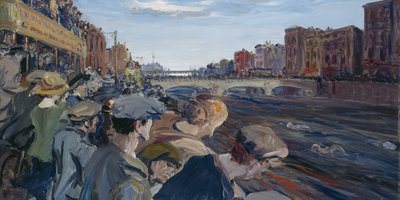 The Liffey Swim painting depicting a swimming race in a river