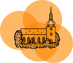 An icon of a church on an orange background