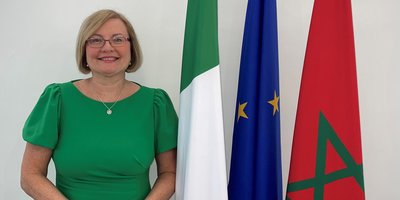 Ambassador standing in front of EU and Irish flags.