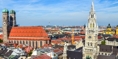 View from St. Peter's Church down to Marienplatz town hall and Church of Our Lady Frauenkirche, Munich