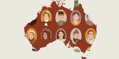 Graphic map of Australia with illustrations of women's faces