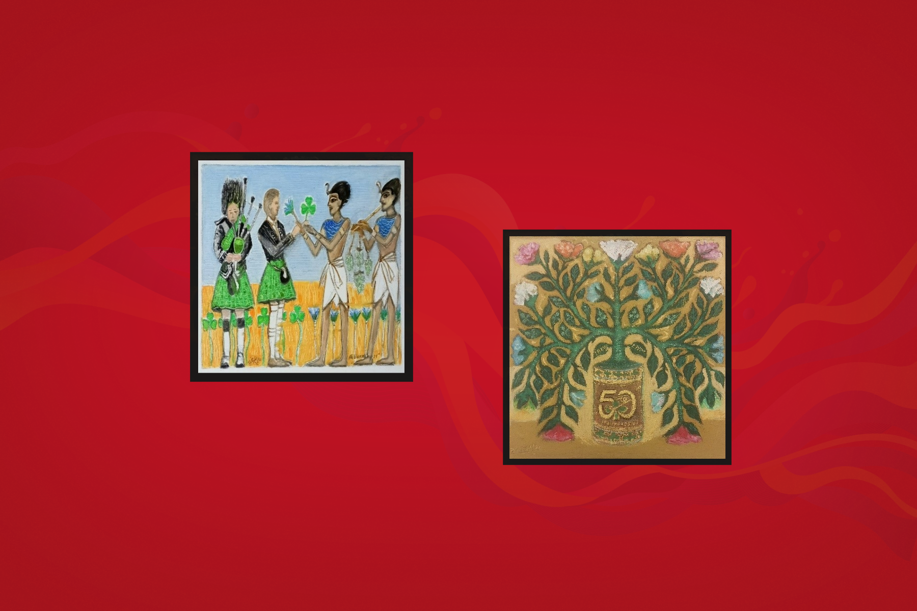Two paintings of people sharing flowers from Egypt and Ireland