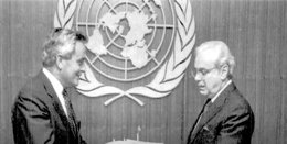 Ambassador Francis Mahon Hayes with UN Secretary-General Javier Perez de Cuellar