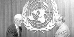 Ambassador Robert McDonagh with UN Secretary-General Javier Perez de Cuellar