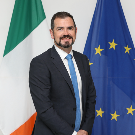 Man in front of the European and Ireland flags