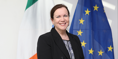 A woman with dark hair wearing a blue blazer standing in front of the Irish and EU flags.