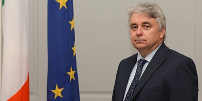 Man with EU flag and Irish flag beside him