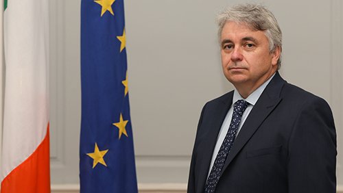 Man standing beside an EU flag and Irish flag