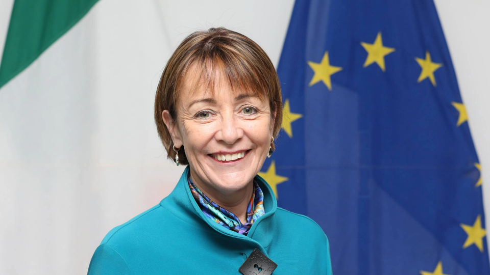 Ambassador sitting at her desk in front of Irish flag.