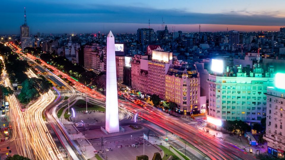 Skyline view of Buenos Aires lit up at night
