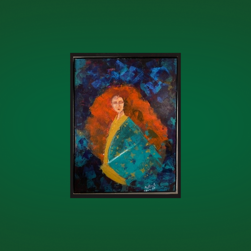 This painting captures the Celtic goddess Danu as a radiant, fierce and strong figure standing amidst swirling mist and flowing water