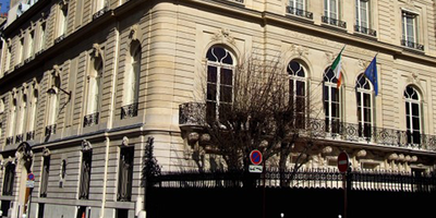 View of the exterior of the Embassy building.
