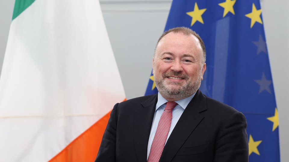 A man in a suit and tie looks at the camera. Behind him are the Ireland and EU flags.