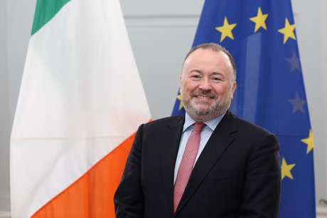 A man in a suit and tie looks at the camera. Behind him are the Ireland and EU flags.