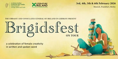 Digital poster with a pastel yellow background. Large text reads 'Brigidsfest' with a cartoon graphic of a girl with blue hair sitting and reading a book.