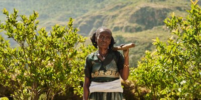 A woman in a field in Ethiopia holding up a farming tool