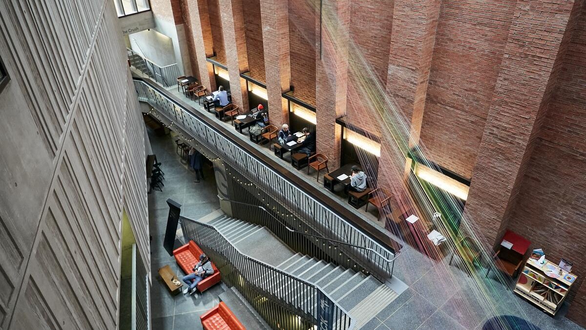 Aeriel view of staircase in the Cathedral Quarter building in Belfast, showcasing an interesting example of design in a tight, triangular space.