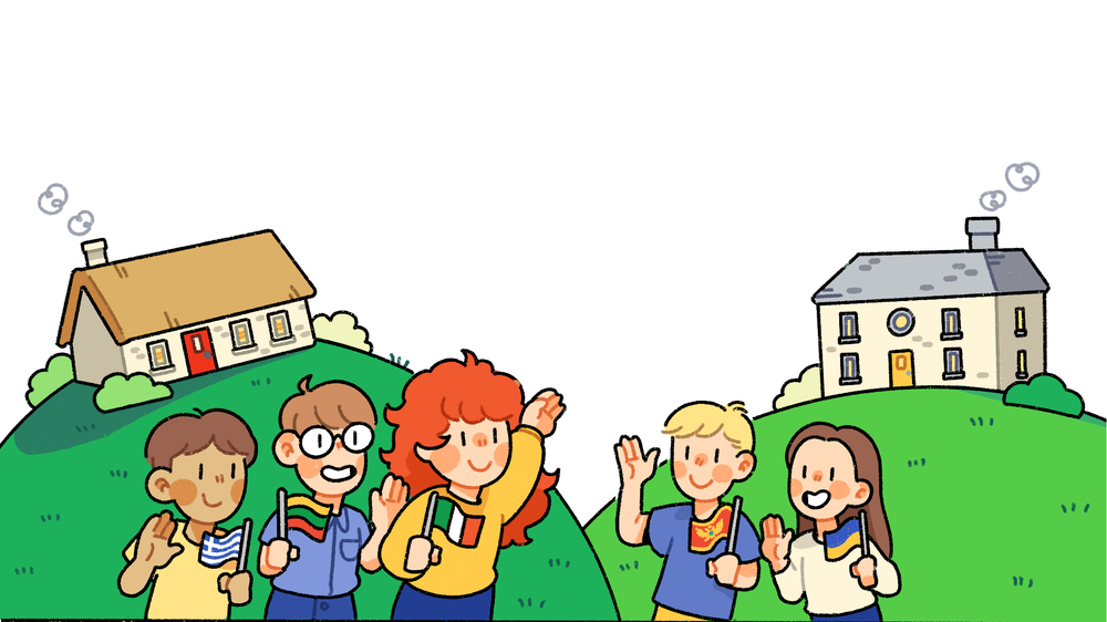 illustration of children in front of schools